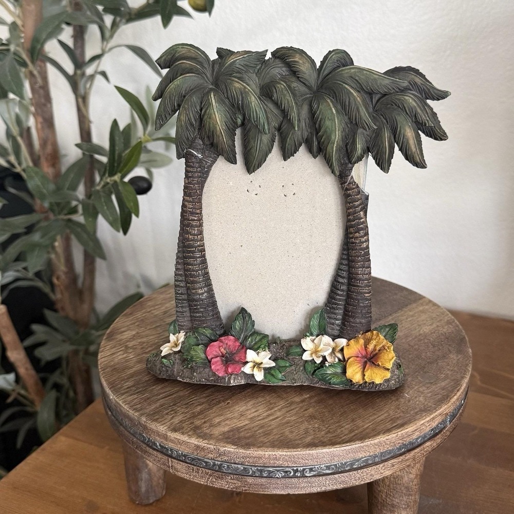 Vintage Tropical Beach Palm Tree 4x6 Ceramic Picture Frame Hibiscus Hawaii Decor